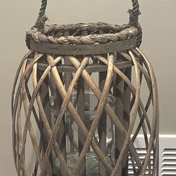 Two Wicker Outdoor/Indoor Candle Holders  With Handles And A Beautiful Black Serving Tray Put A Bug Candle In The Candle Holders Great For Partys