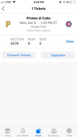 2 Cubs opening day tickets vs pirates, 427r, row 6