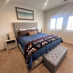 King Tufted Wingback Bed & Mattress Set - Glam Style - Excellent Condition