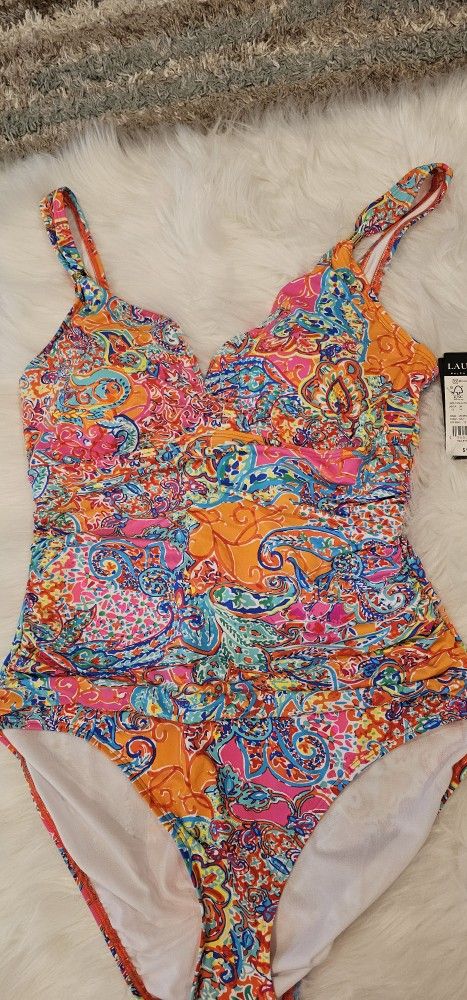 Lauren Ralph Lauren Surplice Printed One-Piece Swimsuit - Amara Patchwork, Size 12
