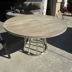 Circular Modern Hard Wood Table And 6 Leather Chairs