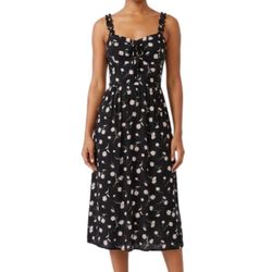 AUW Black Daisy Floral Smocked Midi Dress Large Rayon Cottagecore Boho Summer