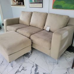 Faux Leather Couch Grey. W Ottoman. FIRM, VGC