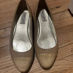 Jimmy Choo Nude Leather & Python Cap Toe Ballet Flats Size EU 38.5