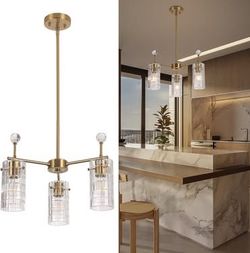 3 Lights Gold Chandelier Glass Long Pendant Light Fixtures, E26 Light Bulb,Adjustable Height,