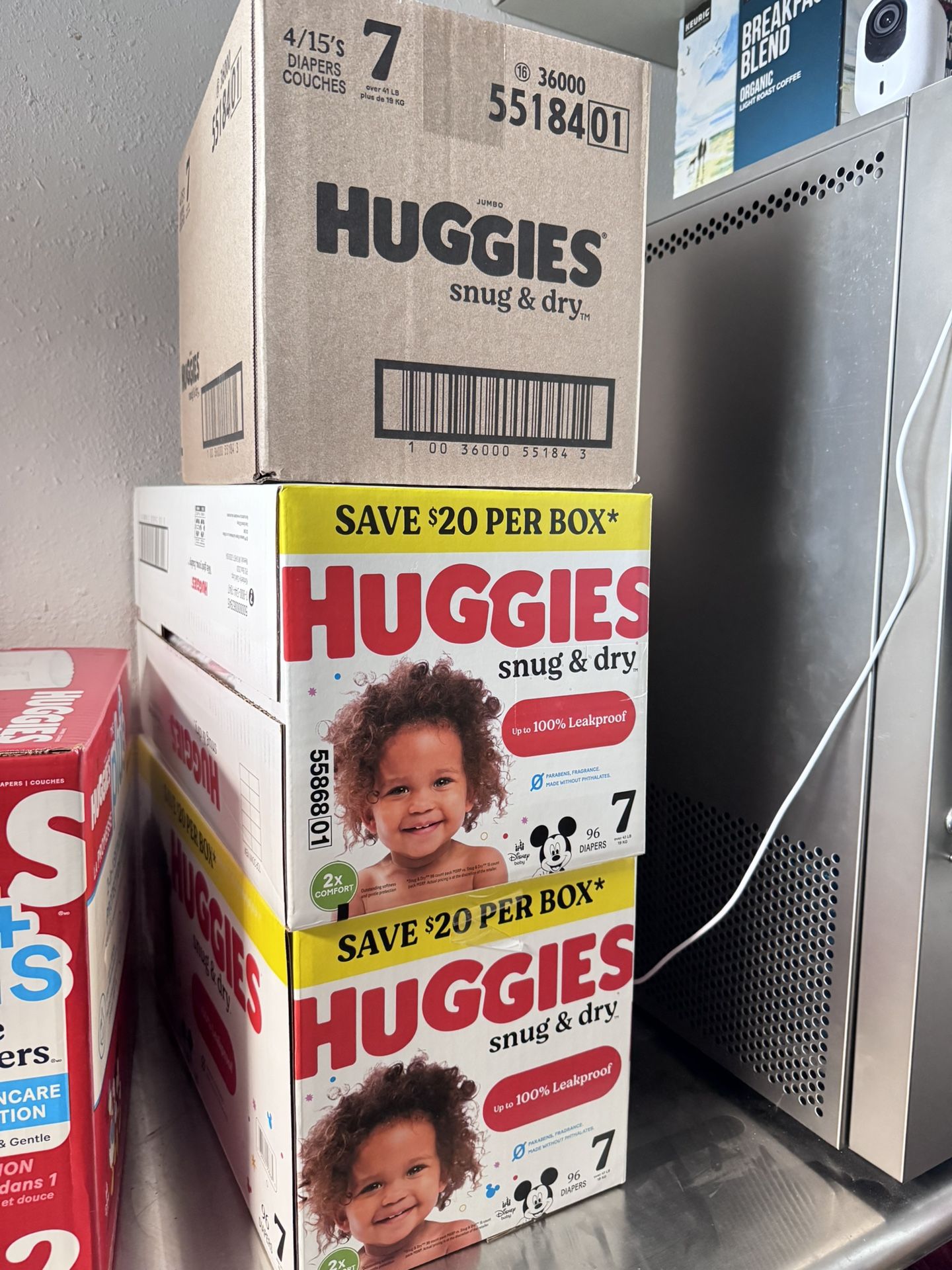 Huggies Snug & Dry diapers, size 7, 96 count per box.