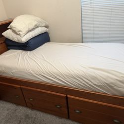 Wooden Twin Size Bed With Drawers And Mattress 