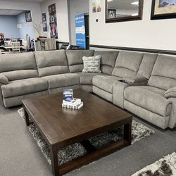 Gray Sofa Sectional w/ 3 Power Recliners & Wireless Charger 