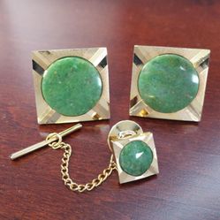 Vintage Jade Cufflinks & Tie Tack Set, 1960's Suit Accessories, Large Jade Gemstone, Heavy Gold Plate Formal 3 Piece Men's Jewelry for Groom
