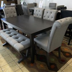 6-Piece Dining Table Set – Table, 4 Chairs & Bench (Gray Upholstered) 