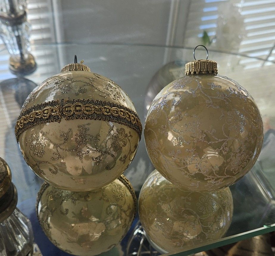 2 Gold Vintage Christmas Ornaments