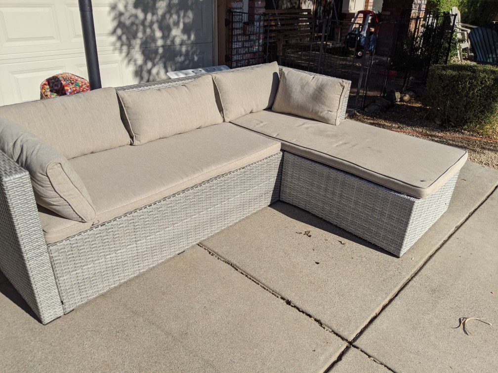 PENDING gray patio furniture chair sectional couch wicker rattan Hampton bay with cushions l shaped