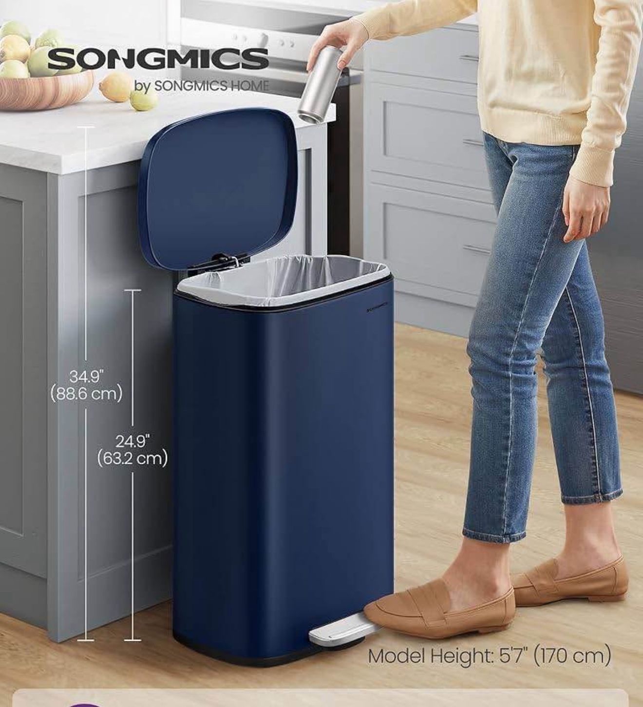 13 Gallon (50 L) Trash Can, Stainless Steel Kitchen Garbage Can, Recycling or Waste Bin, Soft Close, Step-On Pedal, Removable Inner Buck