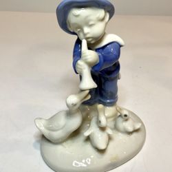 Adorable Frosig Denmark Boy w/Horn Geese Figurine Ceramic Goose #9447