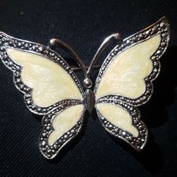 Vintage Butterfly Brooch Cream Enamel Marcasite AVON Pin