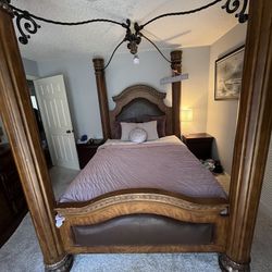 QUEEN Wood/Leather 4-post Wrought Iron Canopy Bed & Dresser & Mirror For Sale