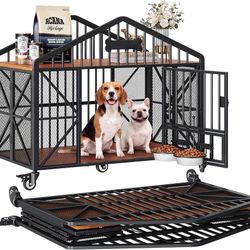IRONCK 41.5" Foldable Dog Crate Furniture with 5 Wheels & Adjustable Bowls No assembly. Name tag and 2 rotating bowls. Decorative dog kennel as an end
