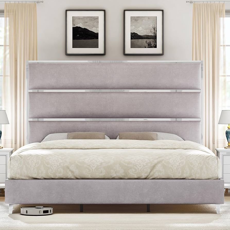 King Bed Frame with 59" Tall Headboard, Velvet Upholstered Platform Bed with Mirrored Silver Plating