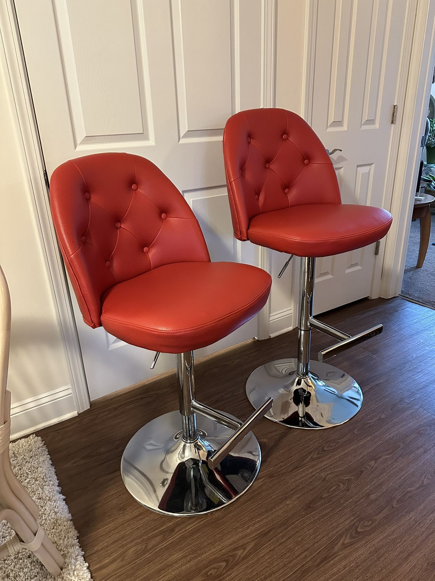 Authentic Red Leather Barstools (4) With Metal Frame