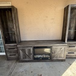 Rustic Wood Entertainment Center with Electric Fireplace & Glass Display Cabinets