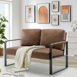 Mid-Century Loveseat Sofa,Upholstered Faux Leather Loveseat 2-Seat Small Sofa Couch Metal Accent Chair for Living Room（Brown）