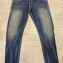 True Religion Ricky Super T Jeans Blue Stitch Size 33 Distressed