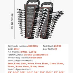 180} Combination Wrench Set, 26-Piece SAE and Metric, 72 Teeth, Cr-V Steel Ratcheting Wrench Set, with Rack Organizer, Open End, Clear Size Labels, fo