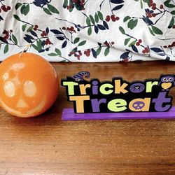 Halloween Decor Pumpkin Spice Candle + Trick Or Treat Sign Placard