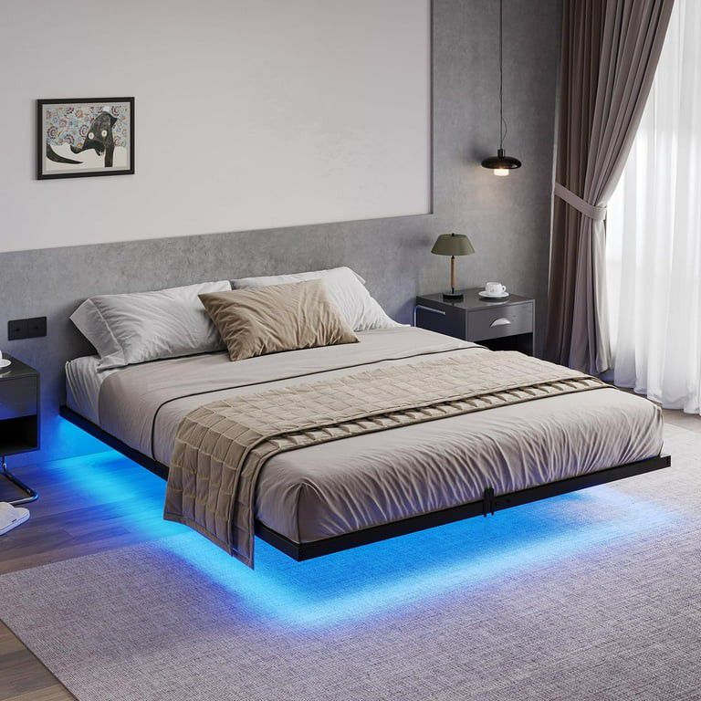 Floating Bed Frame Queen Size Metal Platform Bed with LED Lights for Bedroom,No Box Spring Needed,Blac

