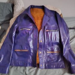 Handmade Leather Jacket Purple With Silver Zippers And Buttons Reversible Suede Brown 70 Style Jacket