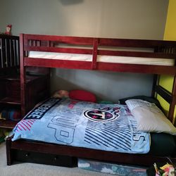 Solid Wood Twin/Full bunk bed with stairs and storage