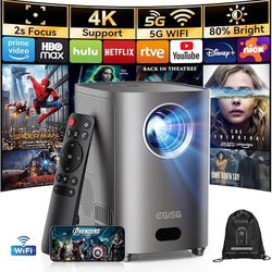 Brand New One-Button Focus] Mini Projector with 5G WiFi and Bluetooth, 4K Outdoor Smart Projector with Carry Bag, Portable Movie Projector with Zoom, 