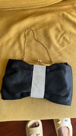 Black Satin Clutch Bag with Rhinestone Detail