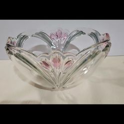 Vtg Mikasa French Bouquet Glass Round Serving Bowl Scalloped Pink Tulips 8.5"