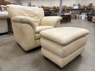 CHATEAU D’AX Vintage Ivory Genuine Italian Leather Lounge Chair with Ottoman
