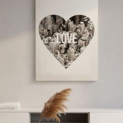 12" X 9" Black and White Cityscape Heart Shape Love Logo Canvas Art Print Framed. The image provided is a piece of art titled "I Love New York!" by ar