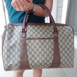 Authentic Vintage Gucci GG Monogram Supreme Sherry Web Boston Duffel Satchel Bag