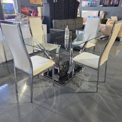 5 PIECE DINING TABLE SET DINING TABLE 63" Rectangle  Tempered Glass Table Top and Stainless Steel Base