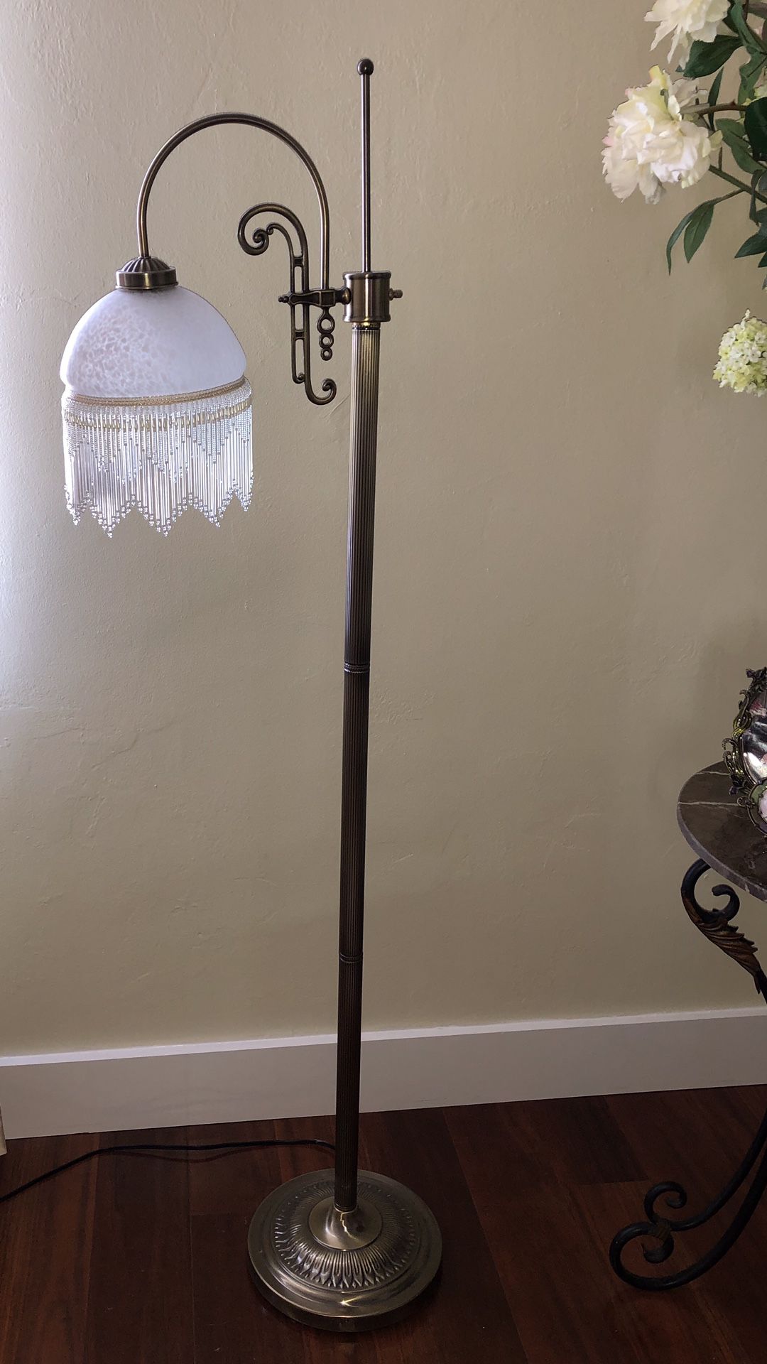 Brass floor lamp with glass beads and dome