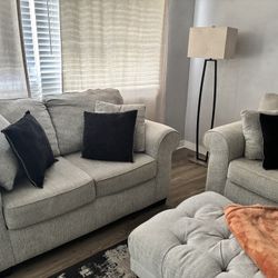 Beige Couch Sofa, Love Seat, And Ottoman. 