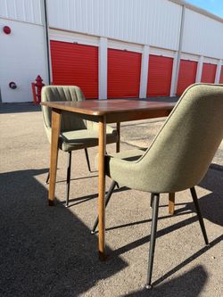 Mid-Century Modern Small Dining Set - Wooden Table & 2 Olive Green Tufted Chairs