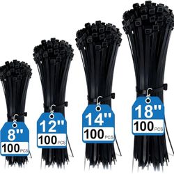 400 Pack Black Zip Ties Assorted Sizes 8+12+14+18 Inch, Heavy Duty 100lbs Self-Locking Electrical Cable Ties, UV Resistant Wire Ties for Indoor and Ou