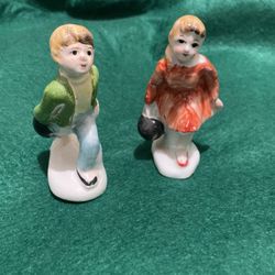 Vintage Pair Ceramic Boy And Girl Bowling Figurines 