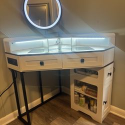 Modern LED Light Vanity Desk with Outlets + Mirror