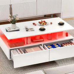 35.4" Modern High Glossy Rectangular Coffee Table with 4 drawers & LED Lights