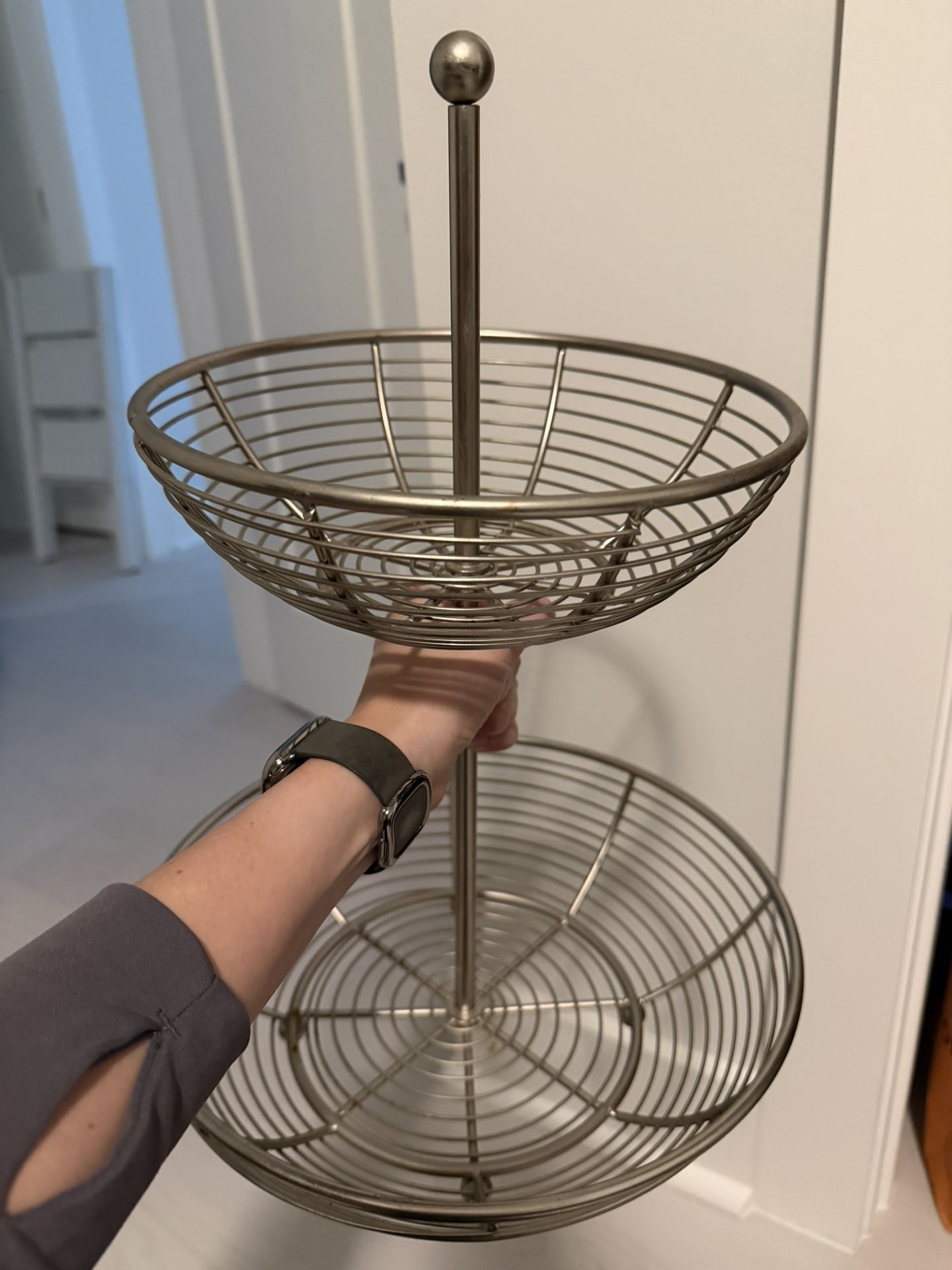 West Elm Two-Tier Brushed Silver Fruit Basket