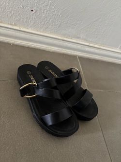 soda black sandals with gold buckle