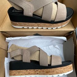 Sorel Womens Cameron Flatform Cork Wedge Slingback Sandals Tan Black Size 8