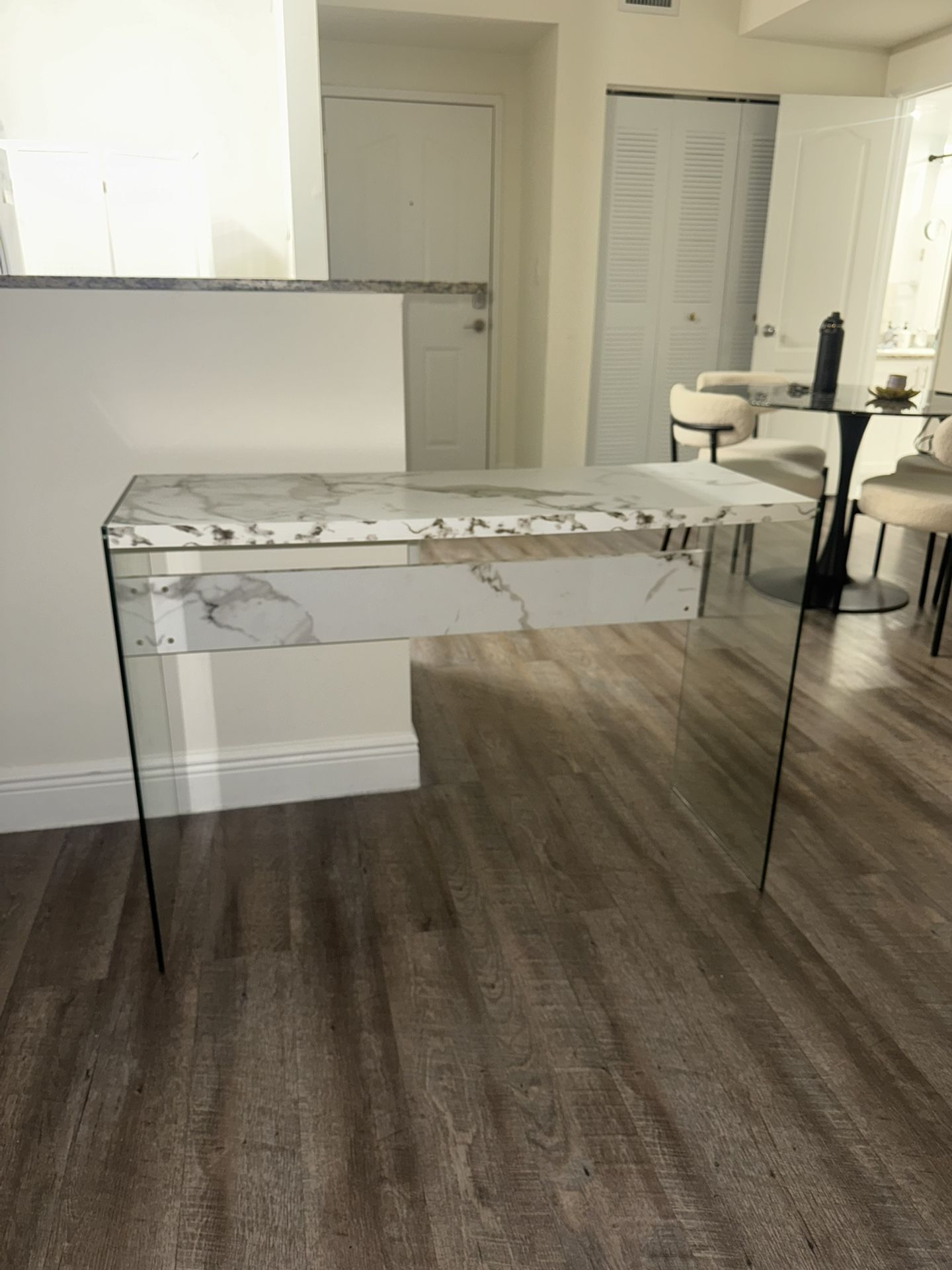Faux White Marble And Glass Console Table/ Desk 