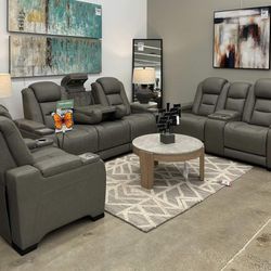 Real Leather Gray Power Reclining Living Room Set Sofa, Loveseat, Recliner 